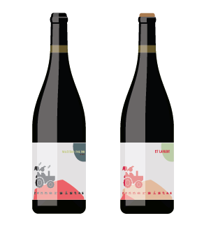 Two dark wine bottles with white and colorful geometric labels