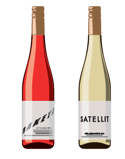 Two wine bottles showing red and white Austrian wines with minimalist label designs