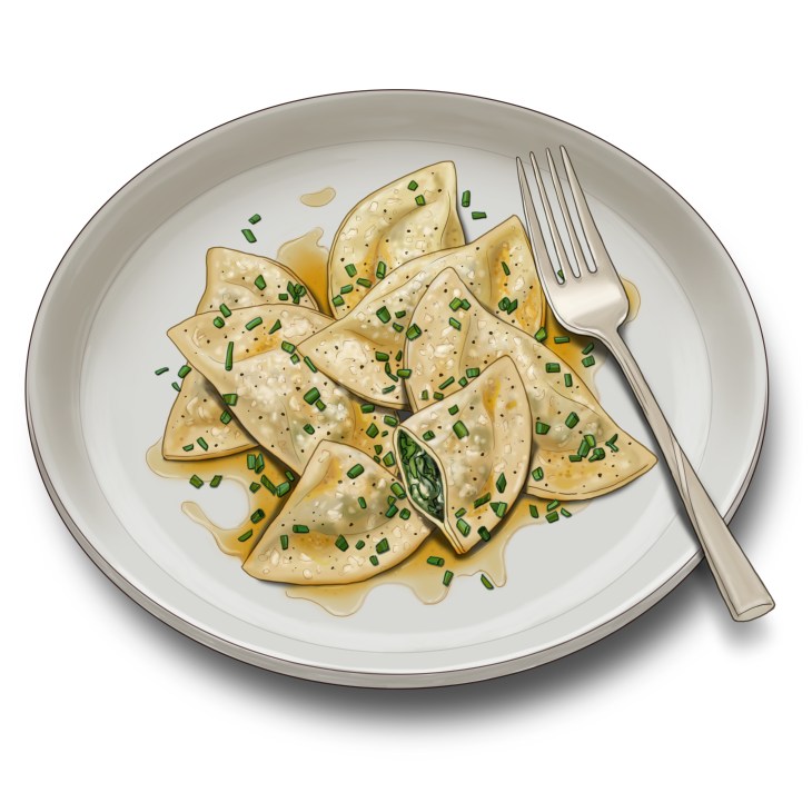 Plate of Schlutzkrapfen pasta parcels with herbs and butter sauce