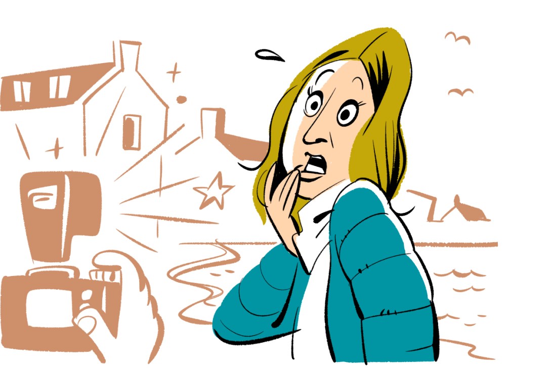 Illustration of a surprised woman with yellow hair in a teal jacket against a background of sketched buildings and landscape elements.
