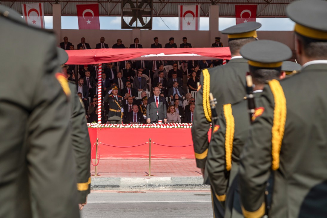 President Tatar taking the salute from the Turkish army during a parade to mark the Turkish Republic of Northern Cyprus's independence