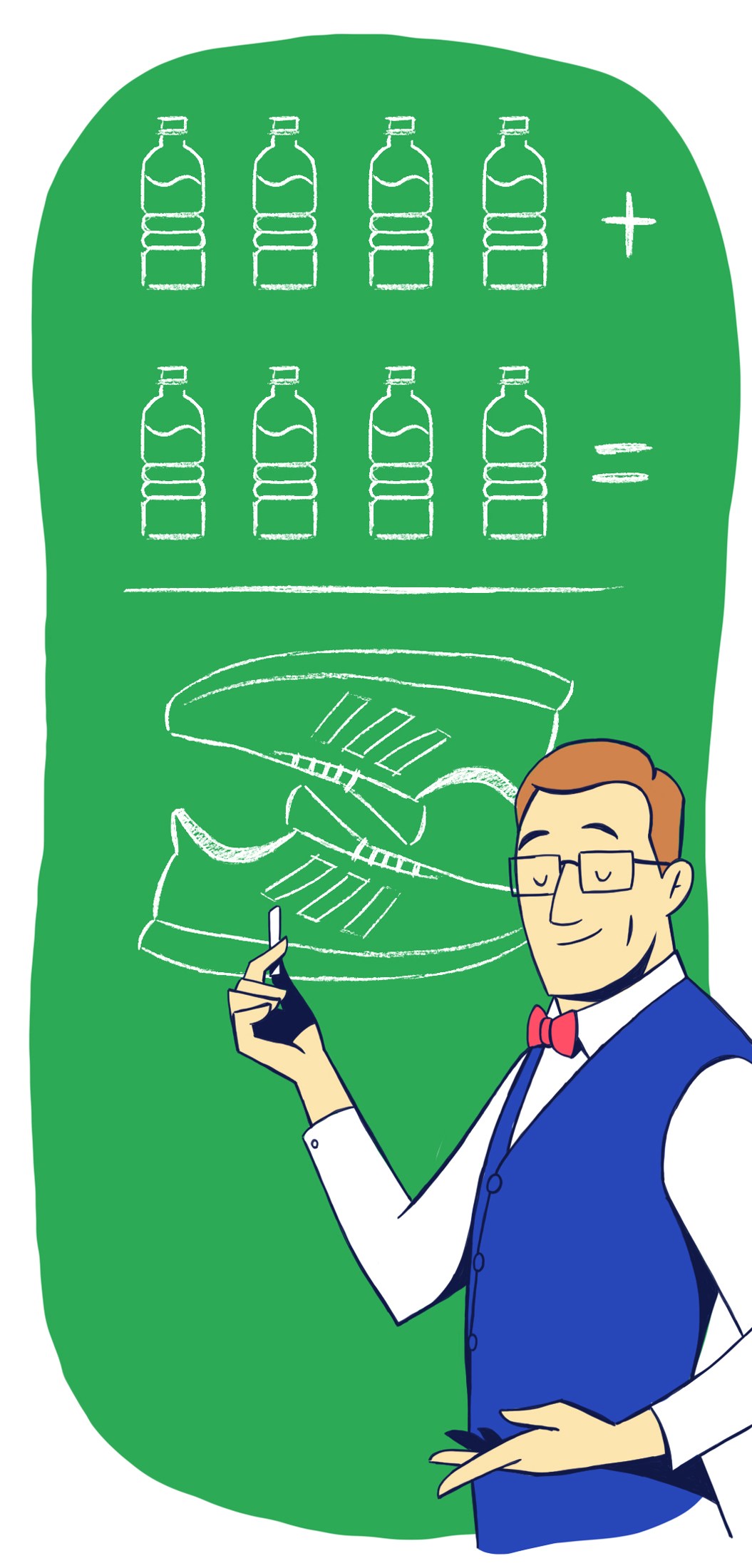 Illustration of a man in a blue suit holding a clipboard with sustainability metrics and recycled plastic bottles.