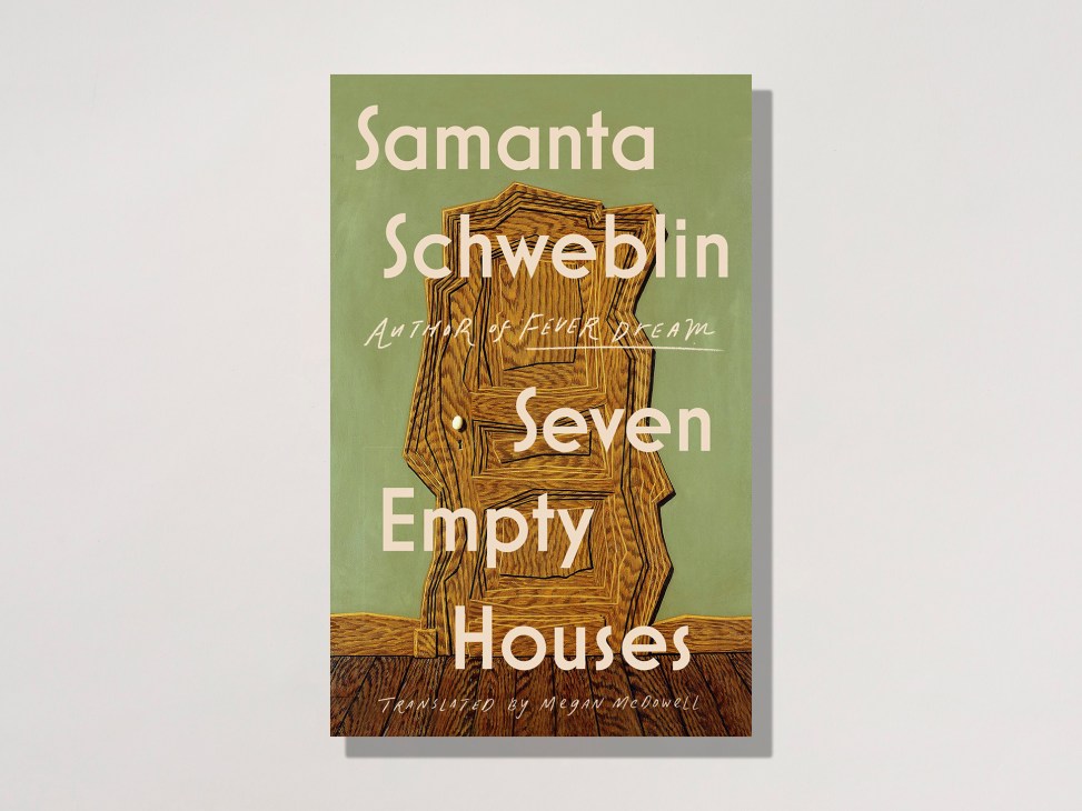 Book cover of Seven Empty Houses by Samanta Schweblin with wooden sculptural design on green background