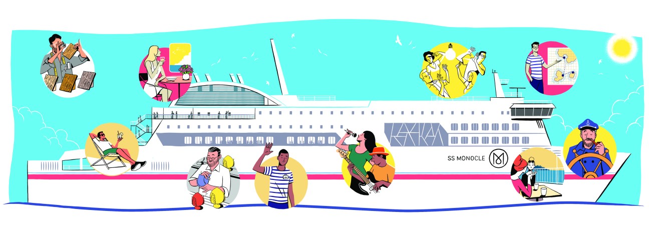 Illustration of SS Monocle ferry with diverse passengers, crew, and activities representing 10 ferry improvement proposals.