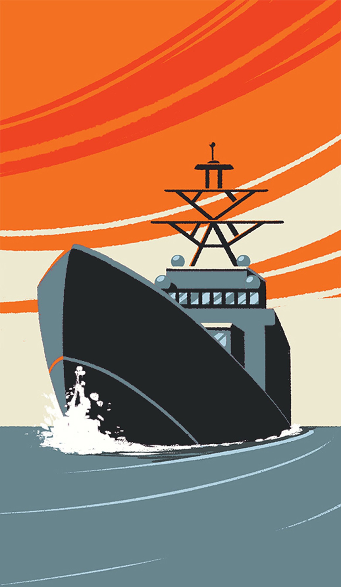 Large ship with prominent bow cutting through dark blue water creating white wake under orange sunset sky