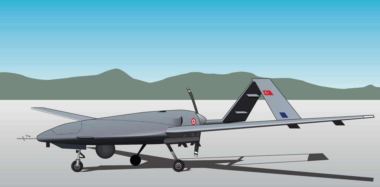 Bayraktar TB2 drone illustrated in flight with Turkish flag marking against mountainous landscape
