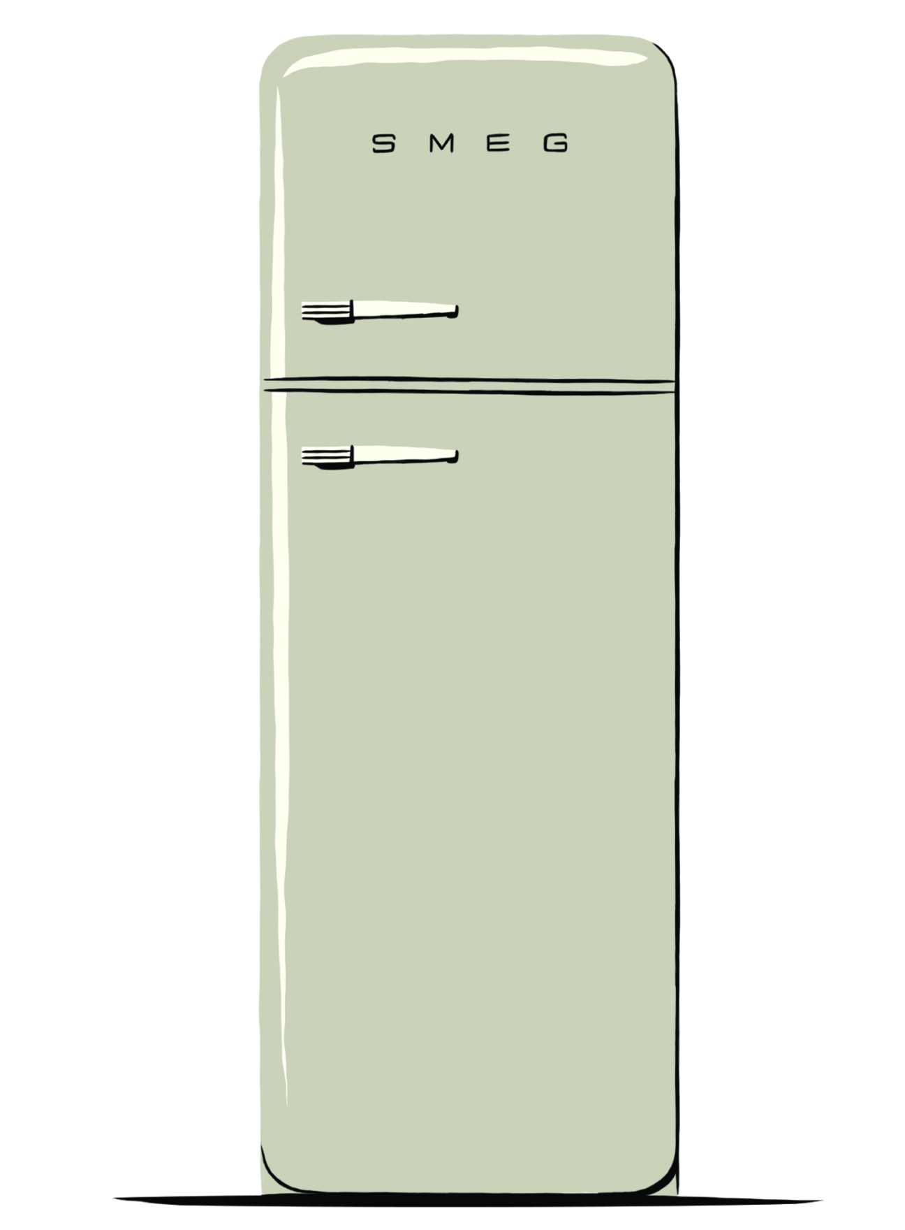 Mint green retro-style Smeg Fab28 refrigerator with rounded corners and chrome handles