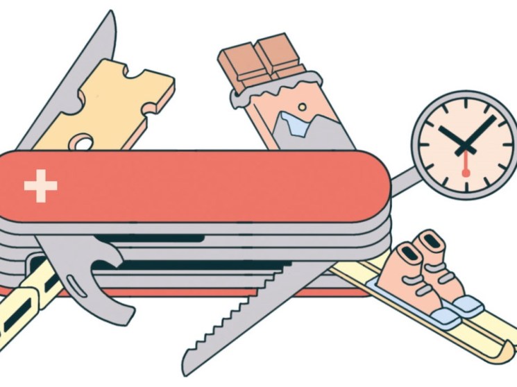 Illustrated Swiss army knife with cheese, chocolate, clock, and ski attachments.