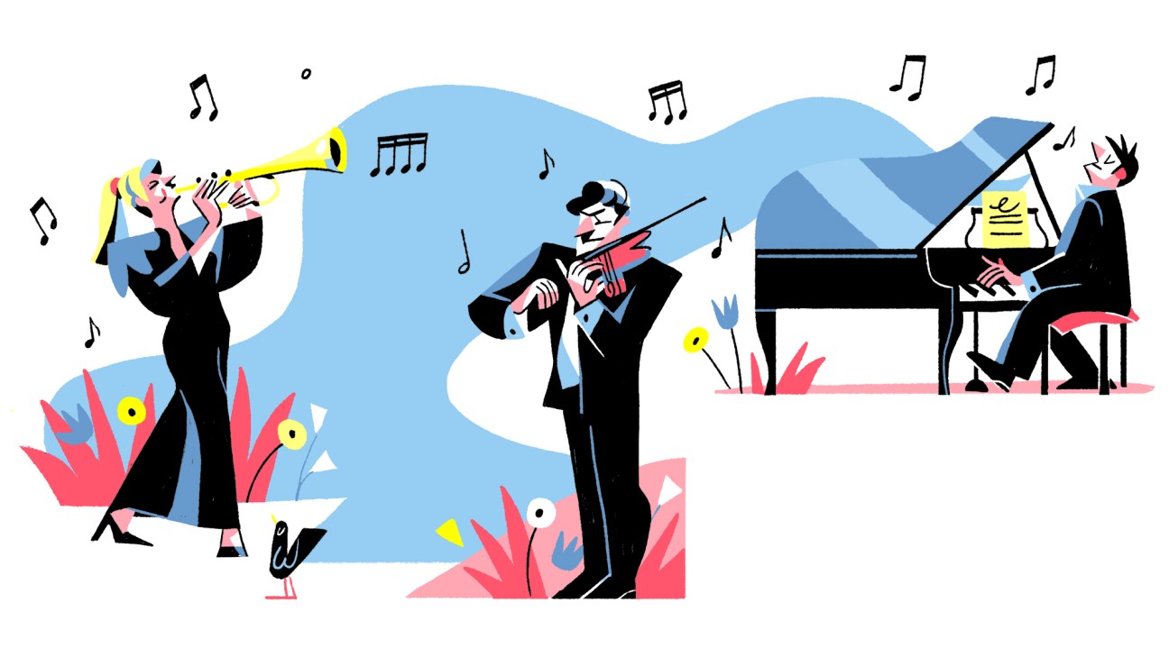 Illustration of musicians performing with musical notes and instruments in a modern business setting.