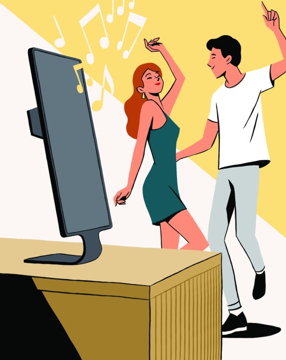 A illustrated redheaded woman in a green dress and a black-haired man in a white t-shirt dance in front of a mounted mobile phone playing songs.