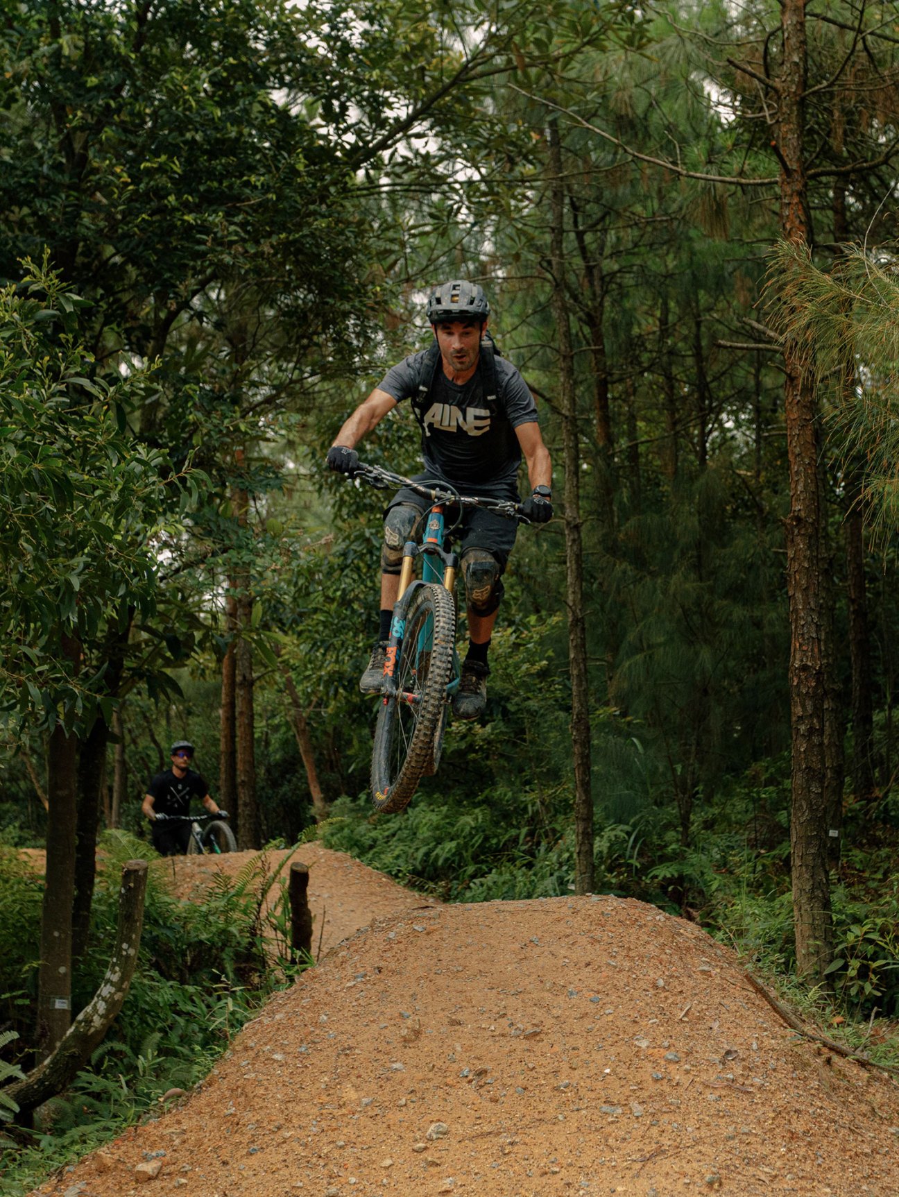 Mountain biker airborne on forest trail with lush green trees surrounding the dirt path