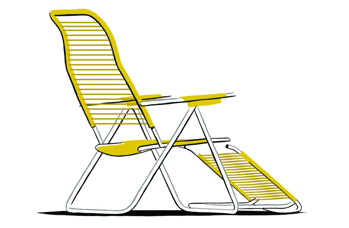 Yellow and white striped lounger chair with aluminum frame shown from side view