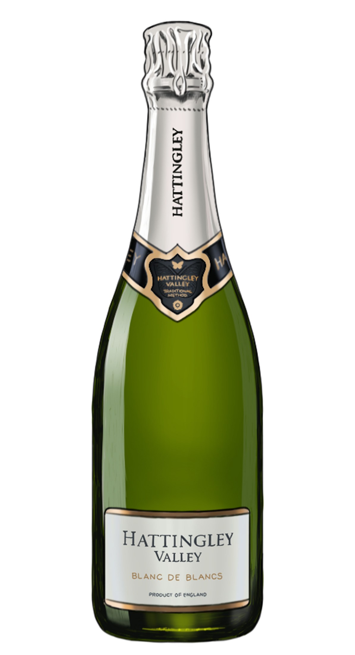 Hattingley Valley Blanc de Blancs Sparkling wine bottle with foil-wrapped cork and green glass.