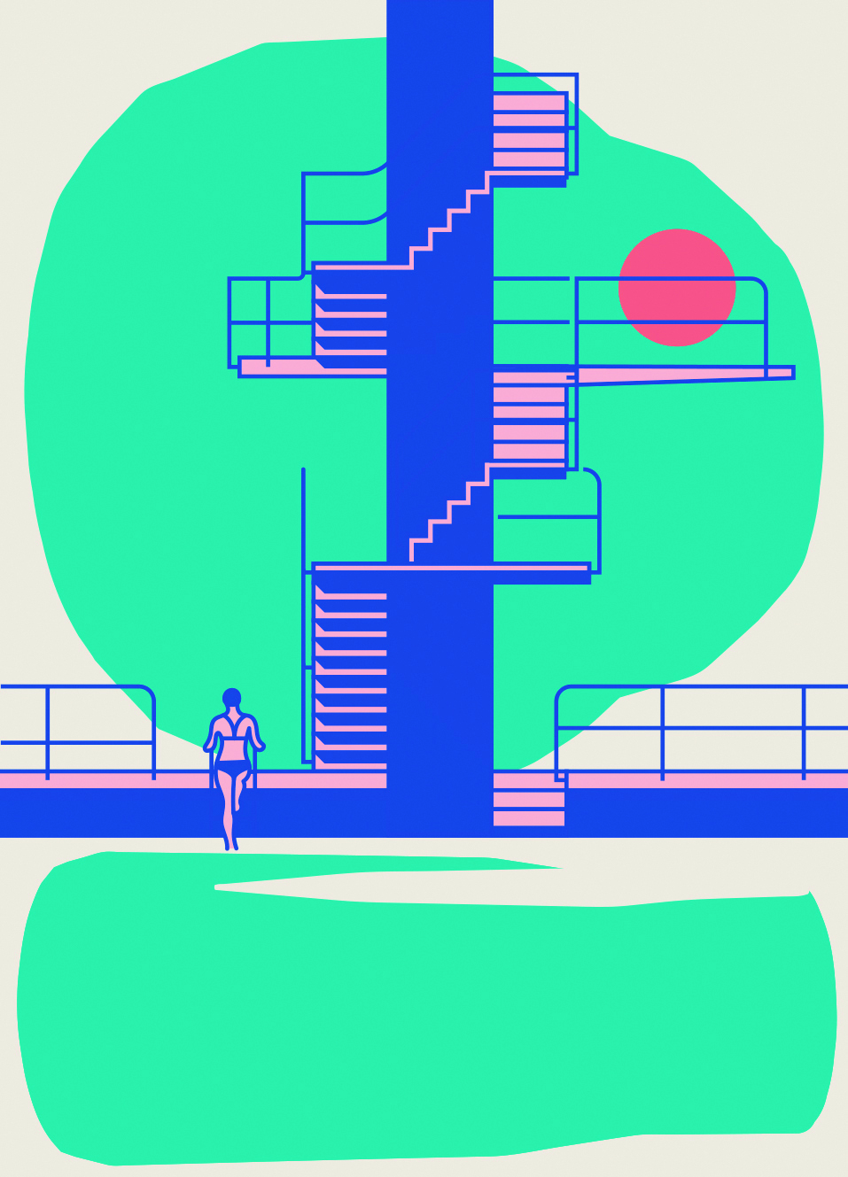 An illustration of a swimmer and diving tower.