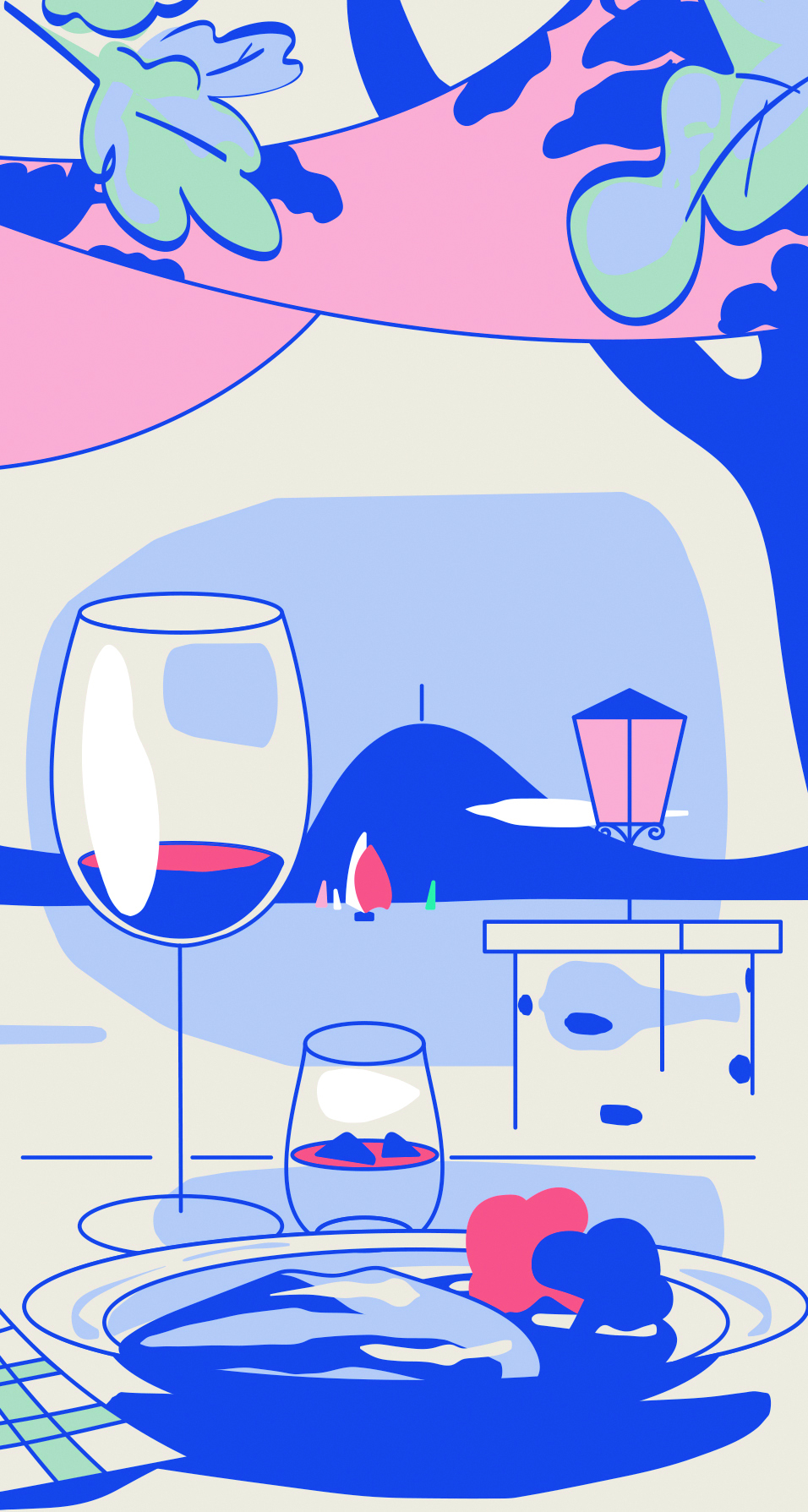 An illustration of taglieri misti and some red wine.