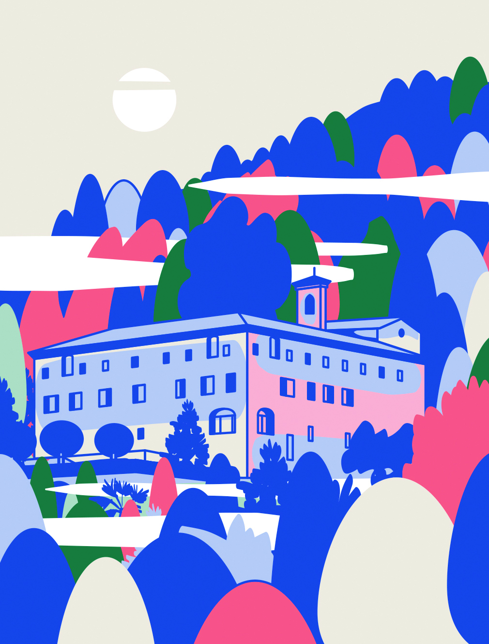 An illustration of a house on a mountain.