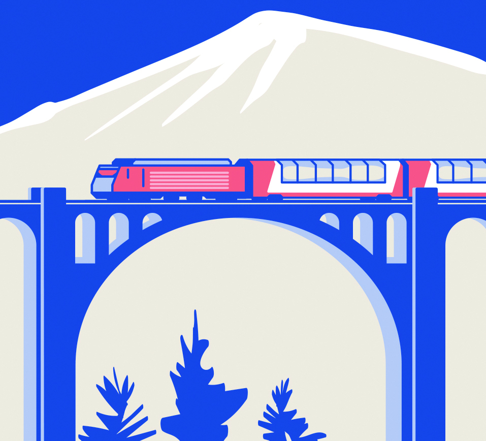An illustration of a train crossing a bridge.