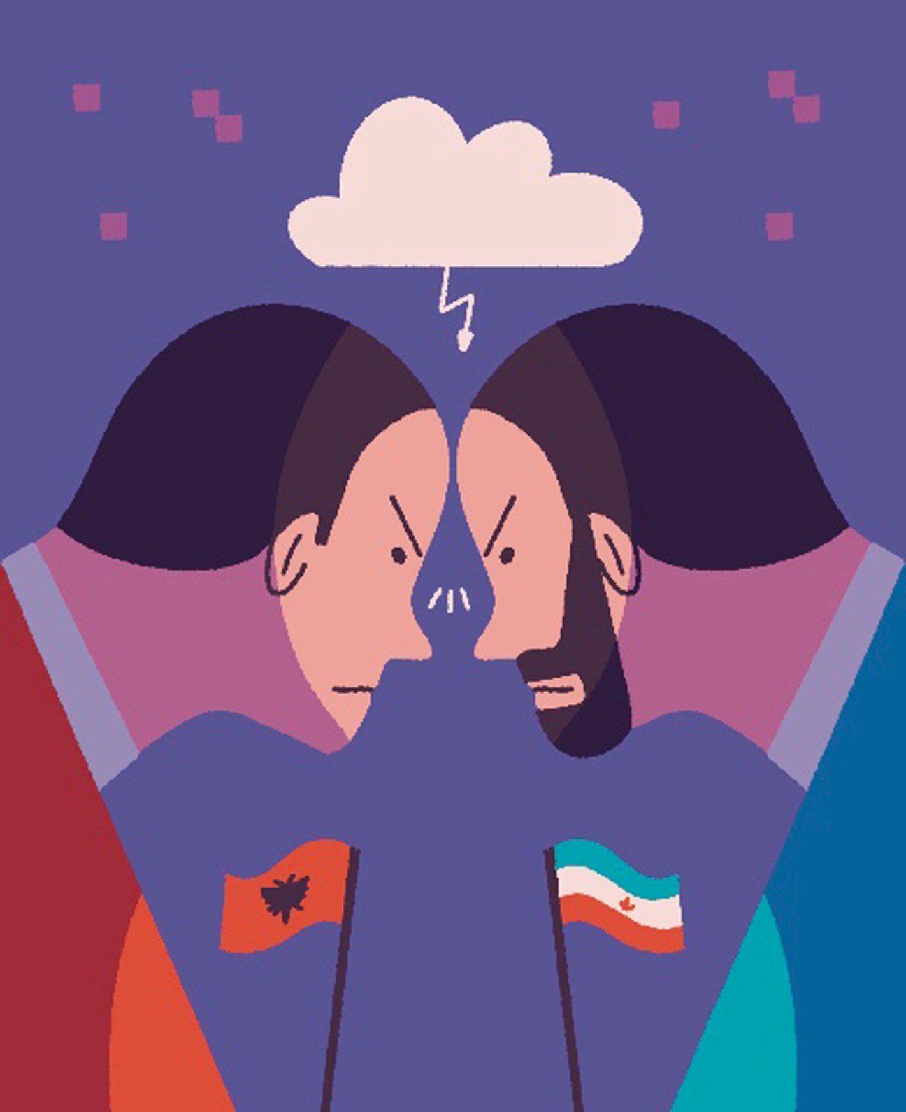 Two men facing each other with Albanian and Iranian flags, lightning bolt above representing diplomatic tension