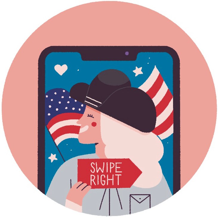 Illustration of person with American flag pattern clothing holding sign that says 'SWIPE RIGHT' on phone screen