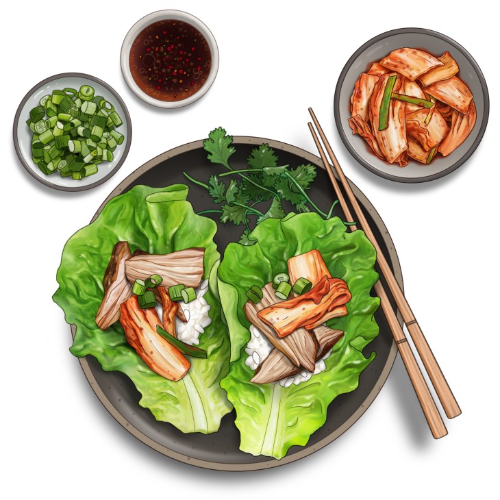 Korean ssäm lettuce wraps filled with pulled beef, rice, and garnishes served with chopsticks and side dishes