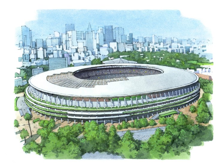 A watercolour illustration of a large modern stadium surrounded by trees and a city skyline.