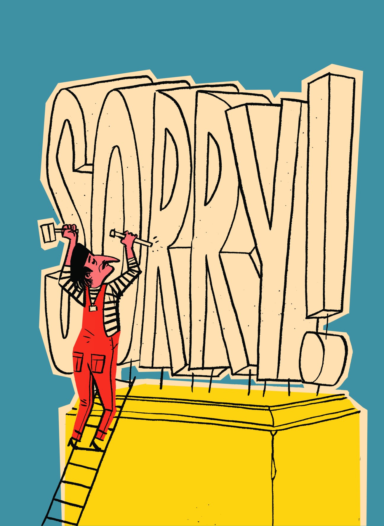 Illustration of a figure in red climbing a ladder to sculpt a large stone bust.