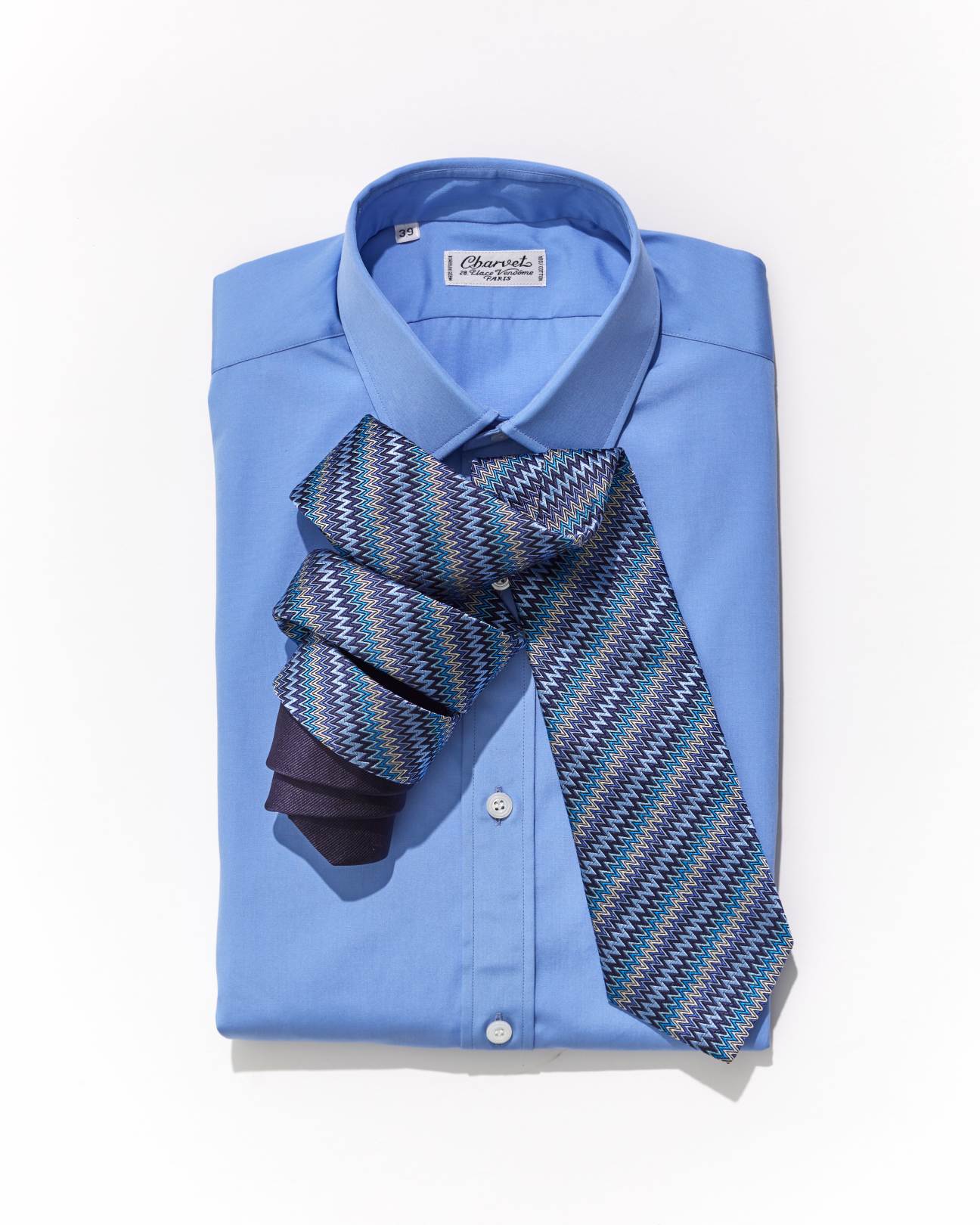 Missoni tie with zigzag pattern paired with light blue Charvet dress shirt