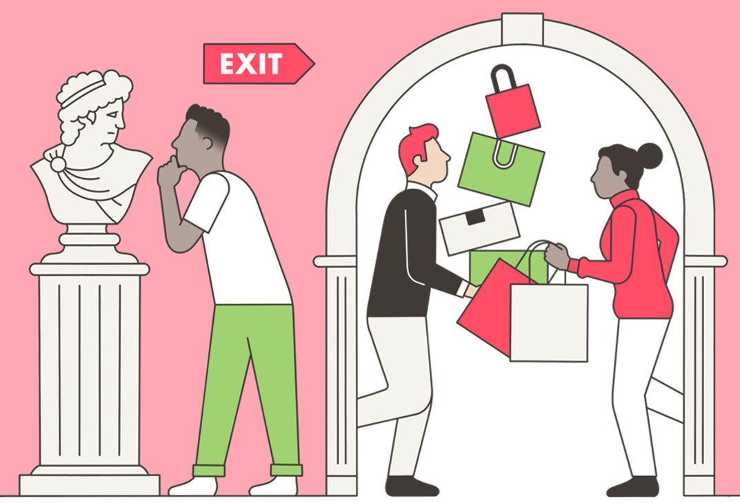Illustration of people shopping in a store with classical architecture, one person browsing clothing racks