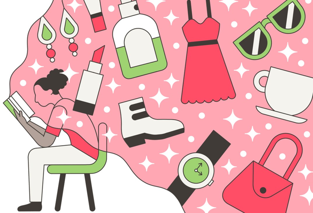 Illustration of fashion and lifestyle items including dress, sunglasses, perfume, shoes, watch and handbag on pink background