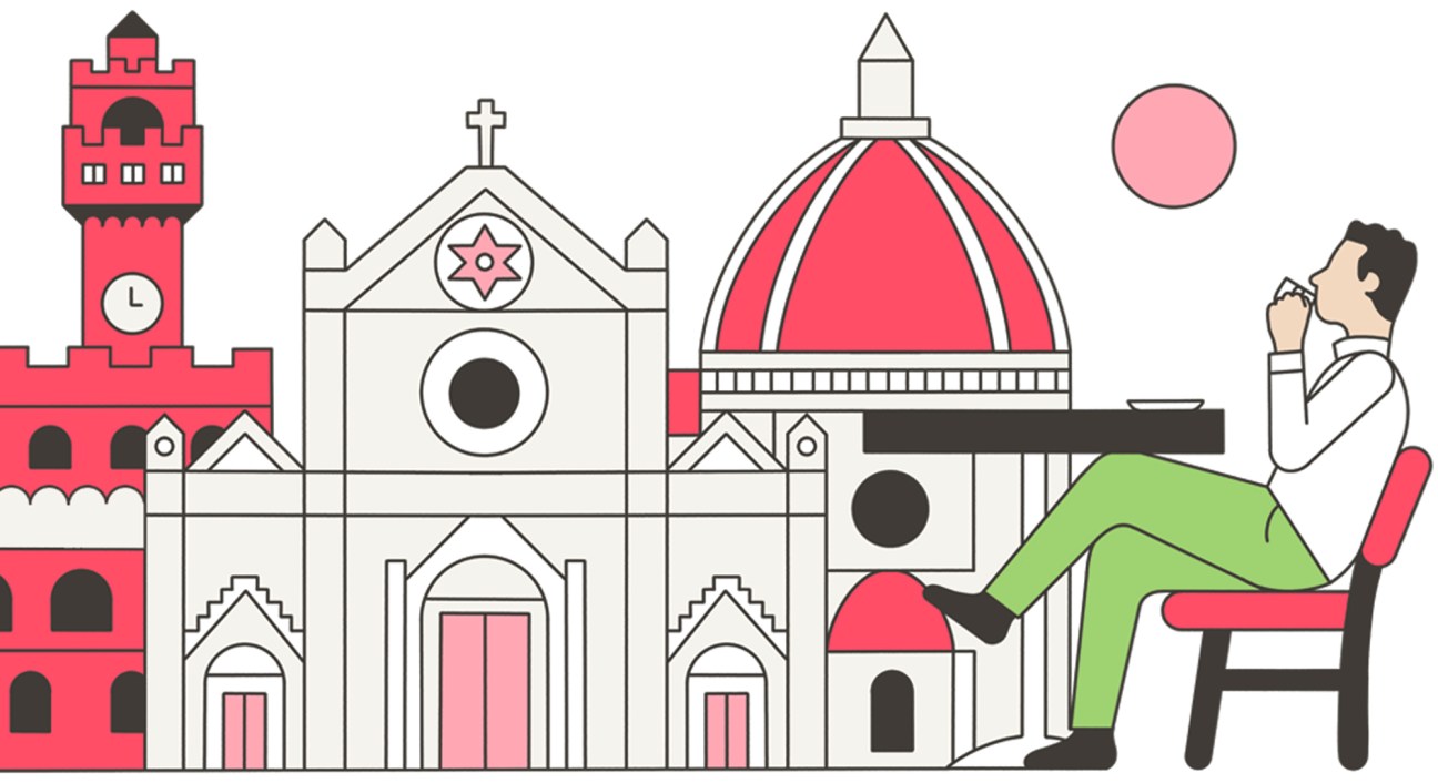 Stylized illustration of person sitting at desk with European architectural buildings in background