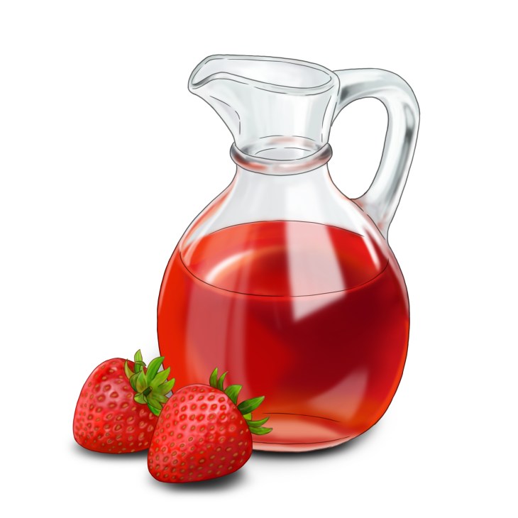 Glass pitcher filled with red strawberry shrub liquid with two fresh strawberries beside it