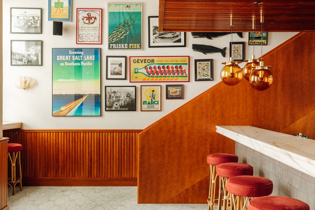 White and blue nautical-themed interior of Rosamar seafood restaurant