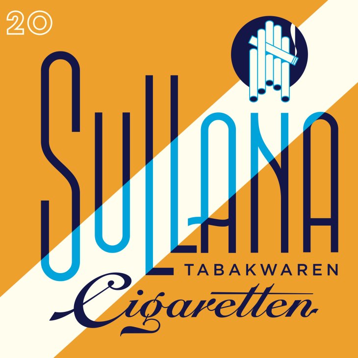 Sullana cigarette brand logo design featuring stylized text and pan flute icon on orange and white background