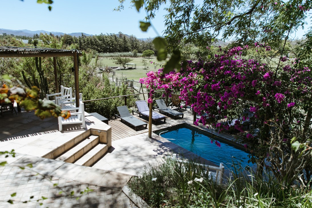 Outdoor terrace with pool, loungers and vibrant purple bougainvillea overlooking countryside valley