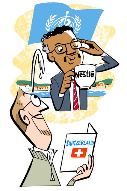 Editorial illustration showing Swiss politicians and Nestlé branding with WHO and diplomatic symbols