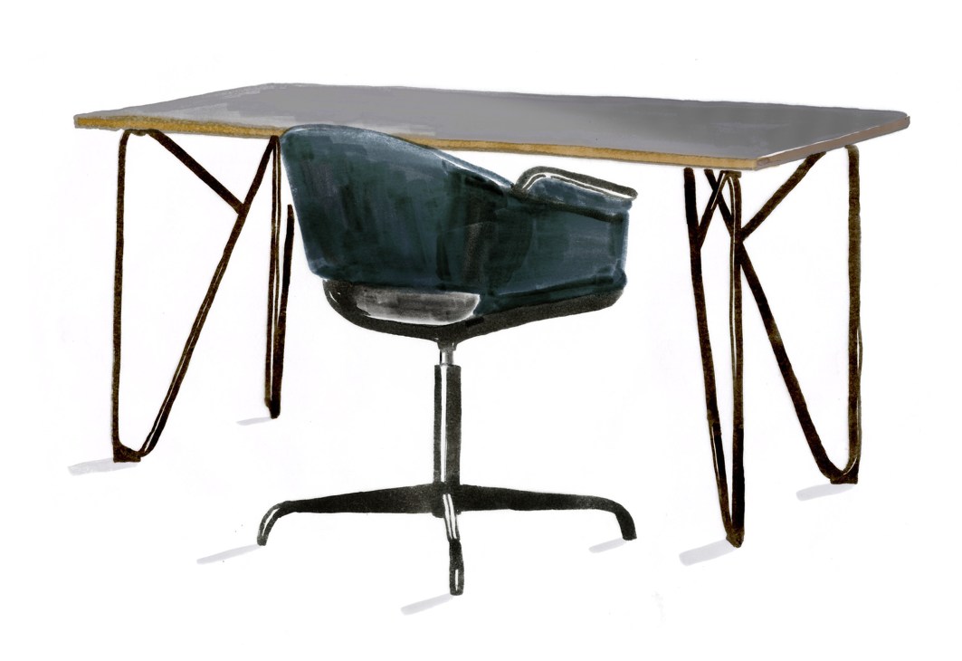 Modern office desk with grey laminate top, hairpin-style metal legs, and a teal swivel chair