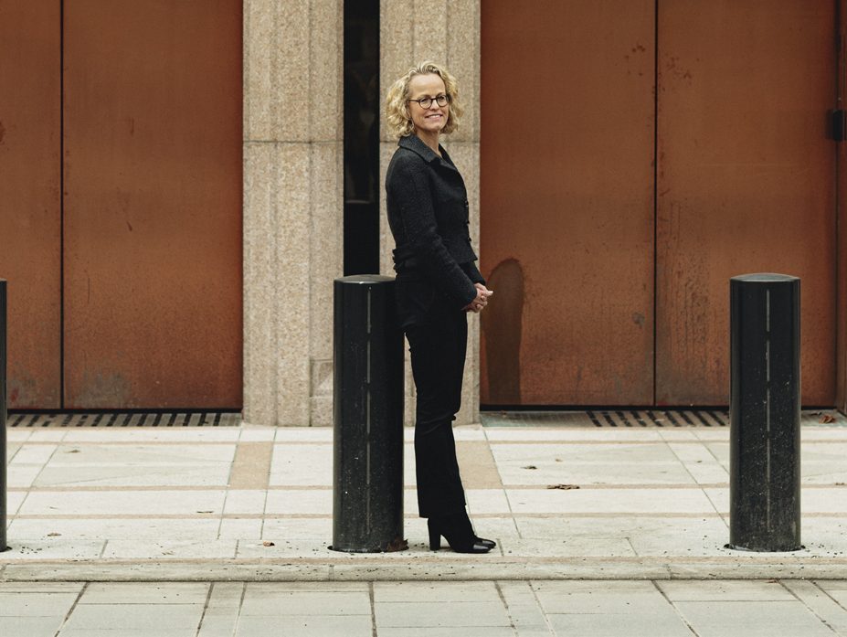 Carine Smith Ihenacho stands outside the Norges Bank building in Oslo