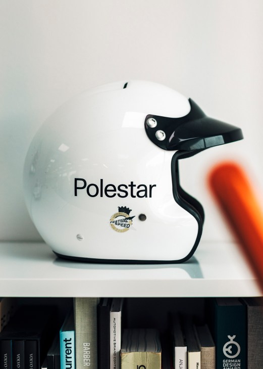 Close-up detail shot of Polestar branding and design elements on a vehicle, showing clean, minimalist styling