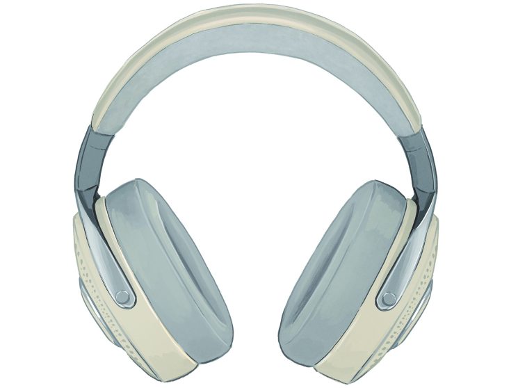 Modern wireless headphones in sage green and cream colors with soft padding and adjustable headband