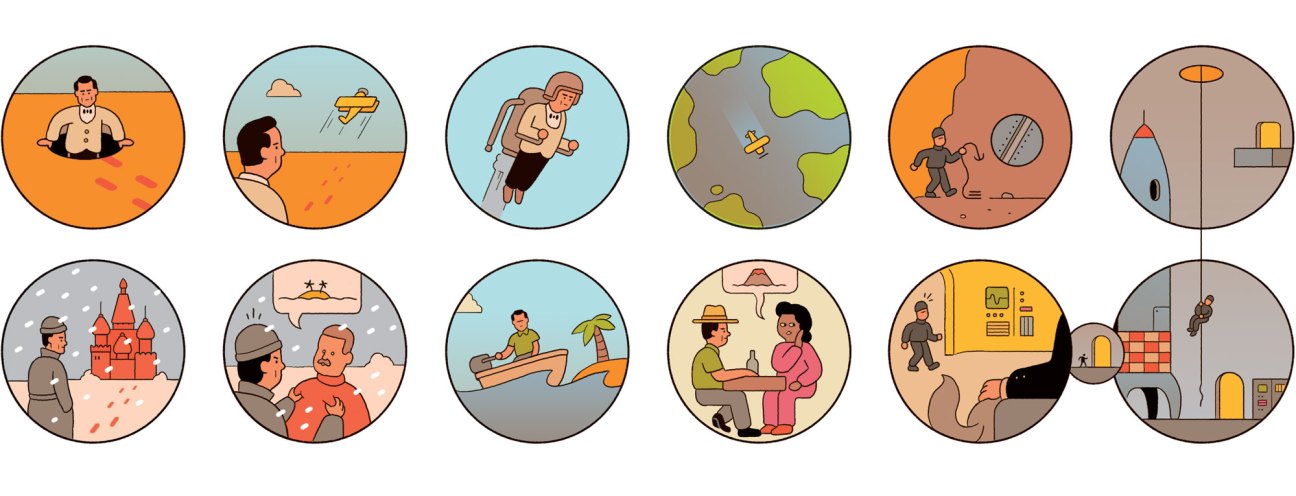Illustration of six circular vignettes depicting espionage scenarios including agents in desert, arctic, underwater, and urban settings.