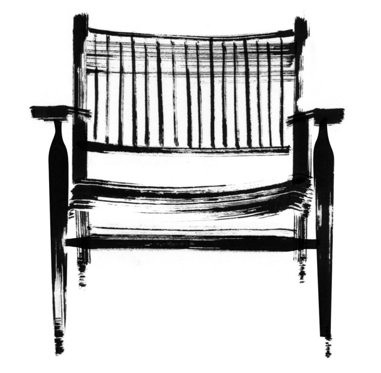 Black and white sketch of a wooden chair with vertical slat back and woven rush seat