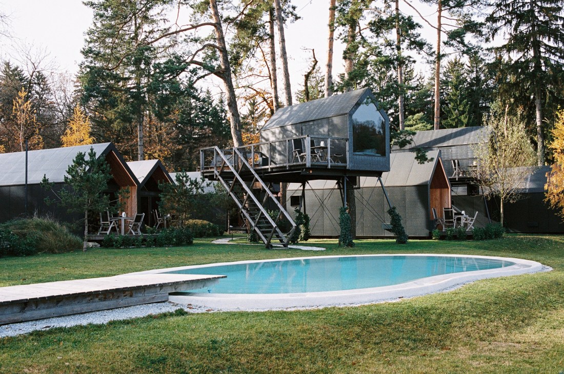 Modern elevated cabin with metal stairs beside swimming pool surrounded by lawn and forest