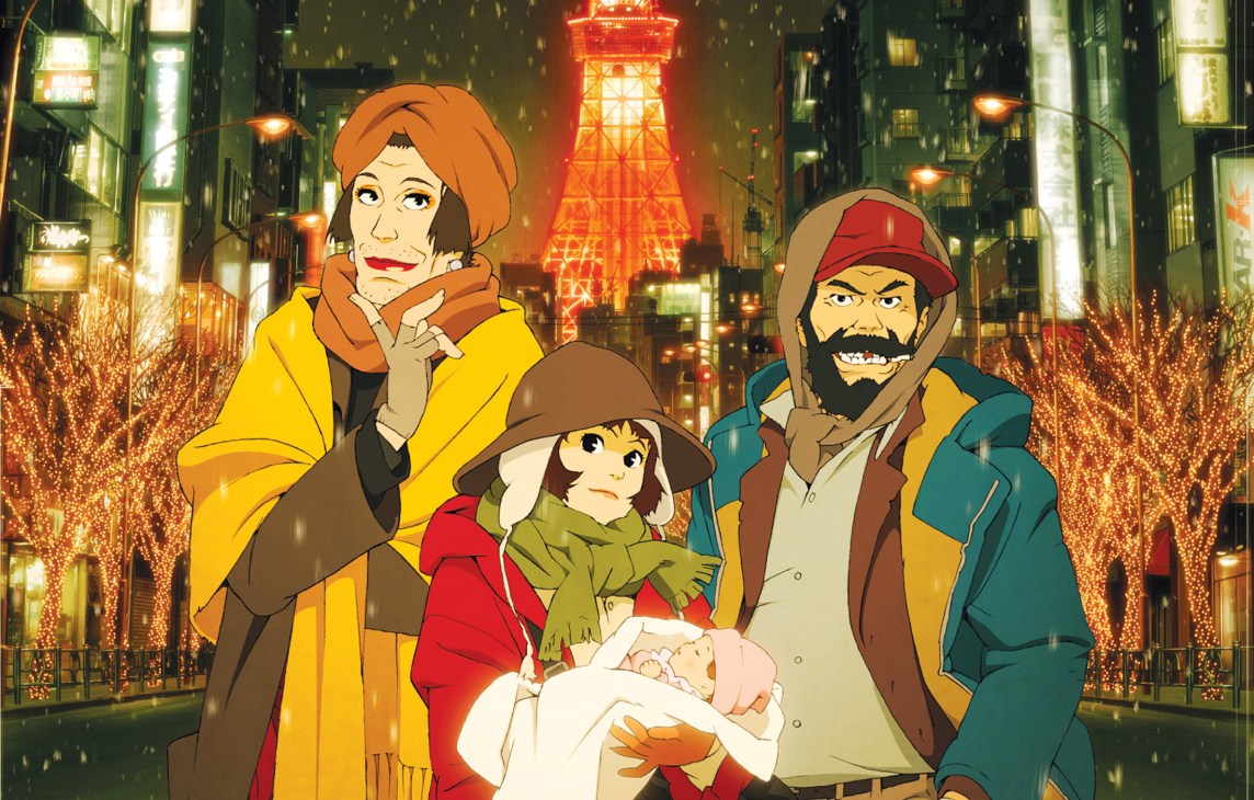 Animated scene from Tokyo Godfathers showing three homeless men and a baby on a Tokyo street at night with illuminated buildings and a tower in the background.