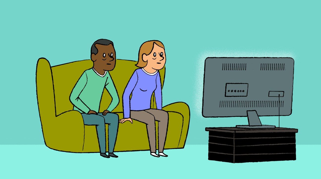 Illustration of two people sitting on a green couch watching a television screen displaying advertising content