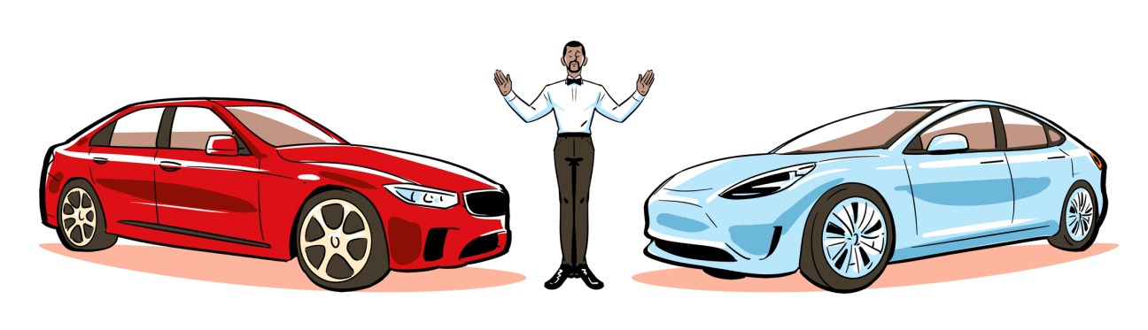 Illustrated comparison of a red sedan and blue electric vehicle with a businessman gesturing between them