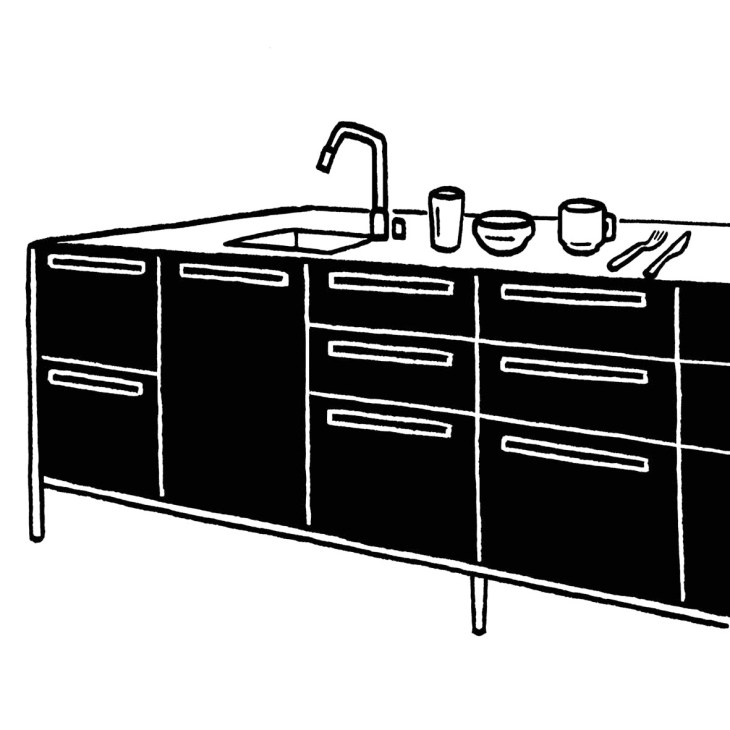 Line illustration of a modern kitchen counter with sink, faucet, and tableware.
