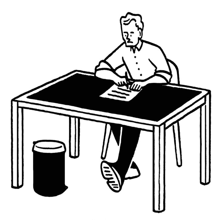 Line illustration of a man sitting at a desk with papers and a trash bin.