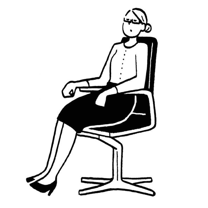 Line illustration of a woman sitting in a modern office chair with minimalist design