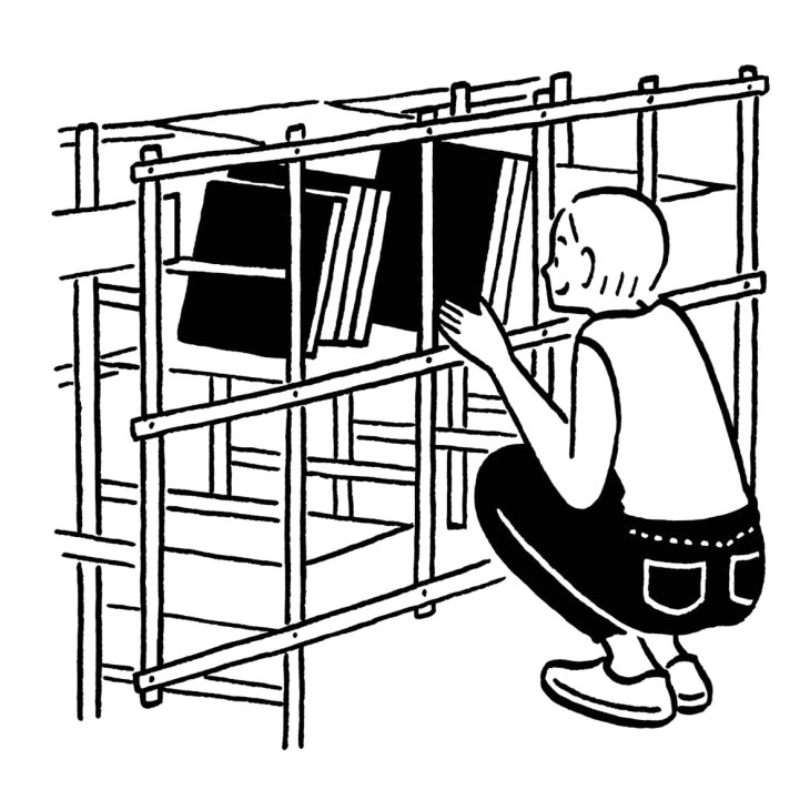 Line illustration of person arranging books on modular shelving unit