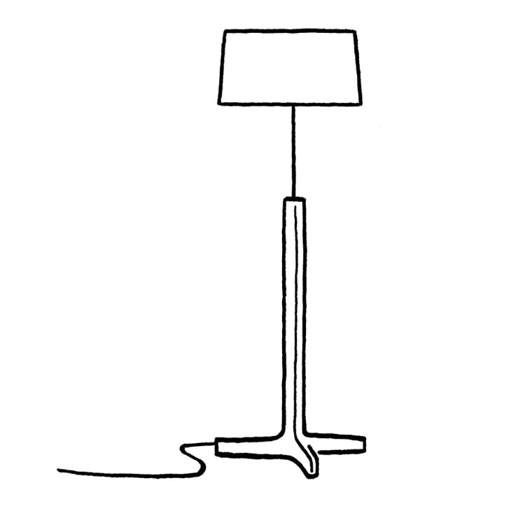 Simple line drawing of a dimmable floor lamp with rectangular shade and tripod base